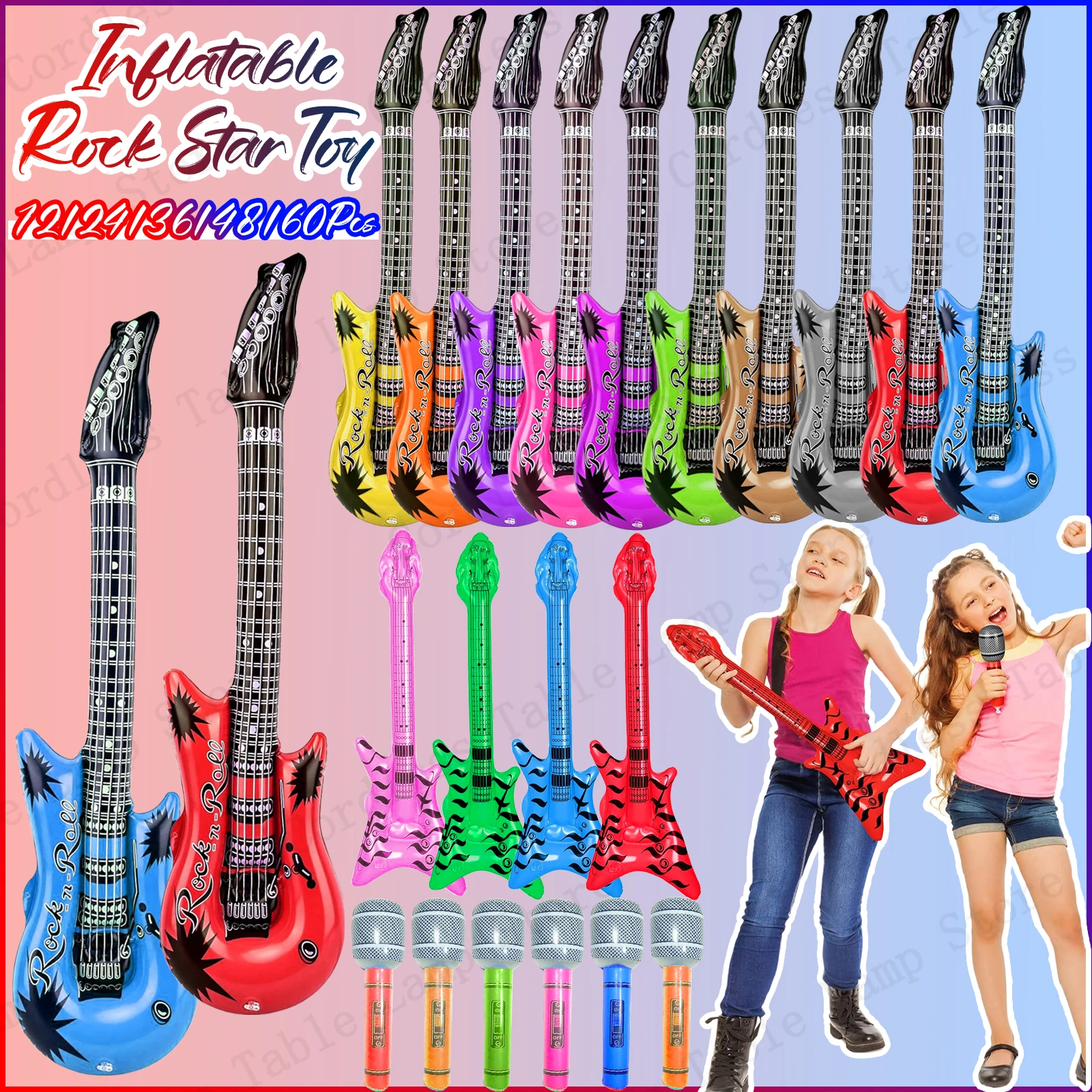 Juguete inflable de estrella de roca, micrófonos de guitarra inflables, globos, instrumento Musical para fiesta Musical de los años 80 y 90, 12-60 Uds.
