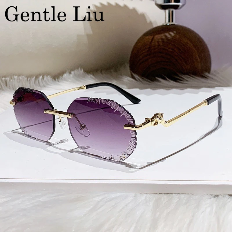 

Small Frame Square Rimless Sunglasses Men 2025 Luxury Brand Leopard Head Metal Sun Glasses Fashion Cut Edge Eyewear UV400 Shades