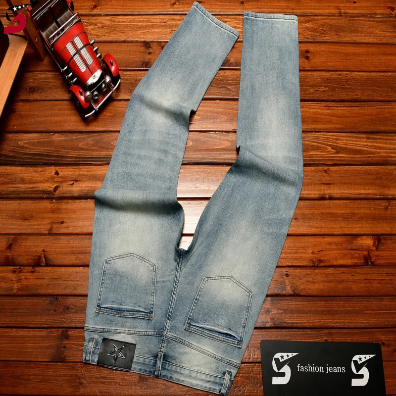 Men's Fashion Printed Jeans 2026 Spring, Slim Straight Stretch Denim Pants with Rhinestone Decor, Korean Style Casual Trousers