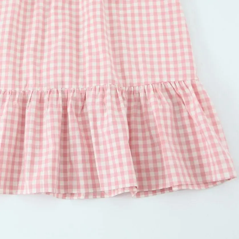 2025 Sexy Rosa Weiß Plaid Slash Kragen Tank Kleid Frauen Schlank Niedrige Taille Falten Rüschen Saum Midi Lange A-linie Swing kleider Robe