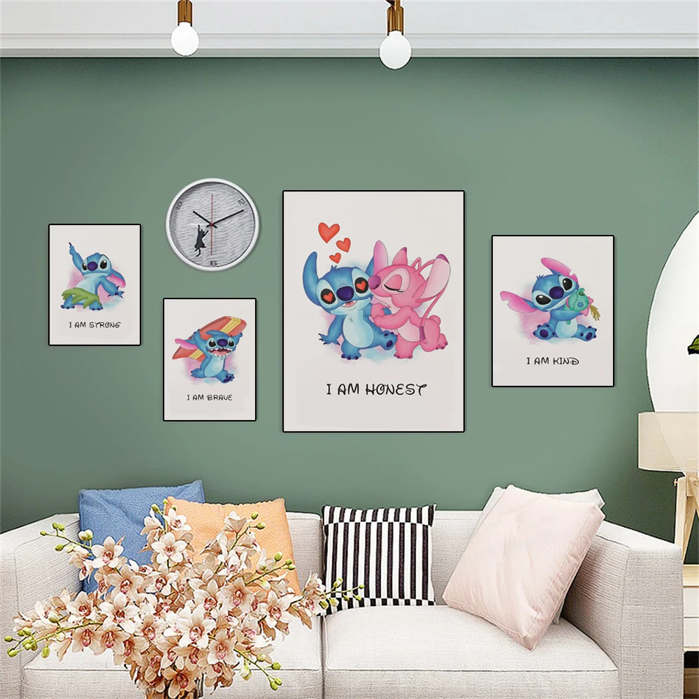 

MINISO Disney Stitch Nursery Art Canvas Poster Stitch Watercolor Colorful Print Wall Artwork For Nursery Kids Room Home Decor