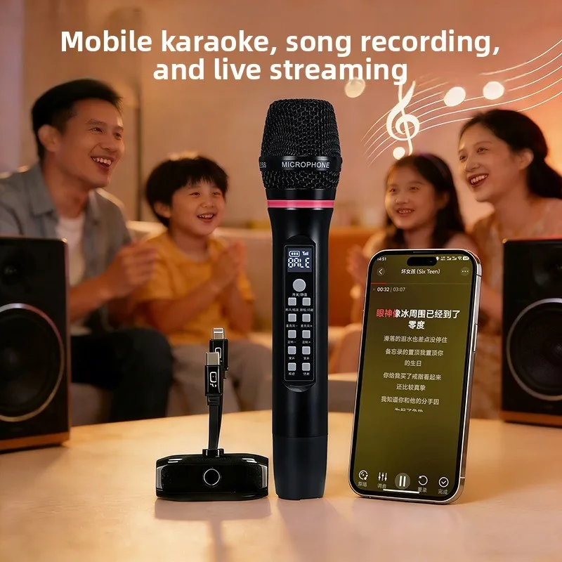 UHF Frequency-Adjustable Wireless Microphone, 50X2 Channels with Reverb, 8-12H Battery for Live Streaming/Karaoke/Stage/Meeting