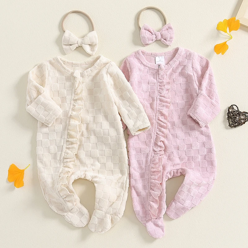 Newborn Girl Outfit Frill Trim Long Sleeve Fleece Footed Jumpsuit Bow Headband 2 Piece Set for Fall Winter