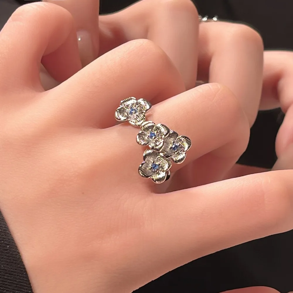 Vintage Luxury 925 Sterling Silver Lucky Brushed Four-leaf Flower Blue Zircon Adjustable Open Rings for Women Aesthetic Jewelry