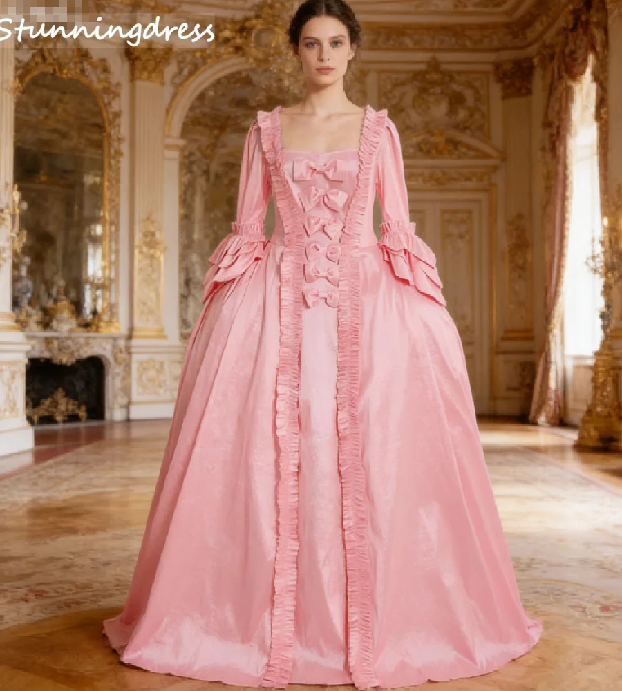 

Marie Antoinette Inspired Pink Evening Dress Tiered Sleeve Georgian Robe a la Francaise Prom Gowns With Bow 1770s Rococo Party