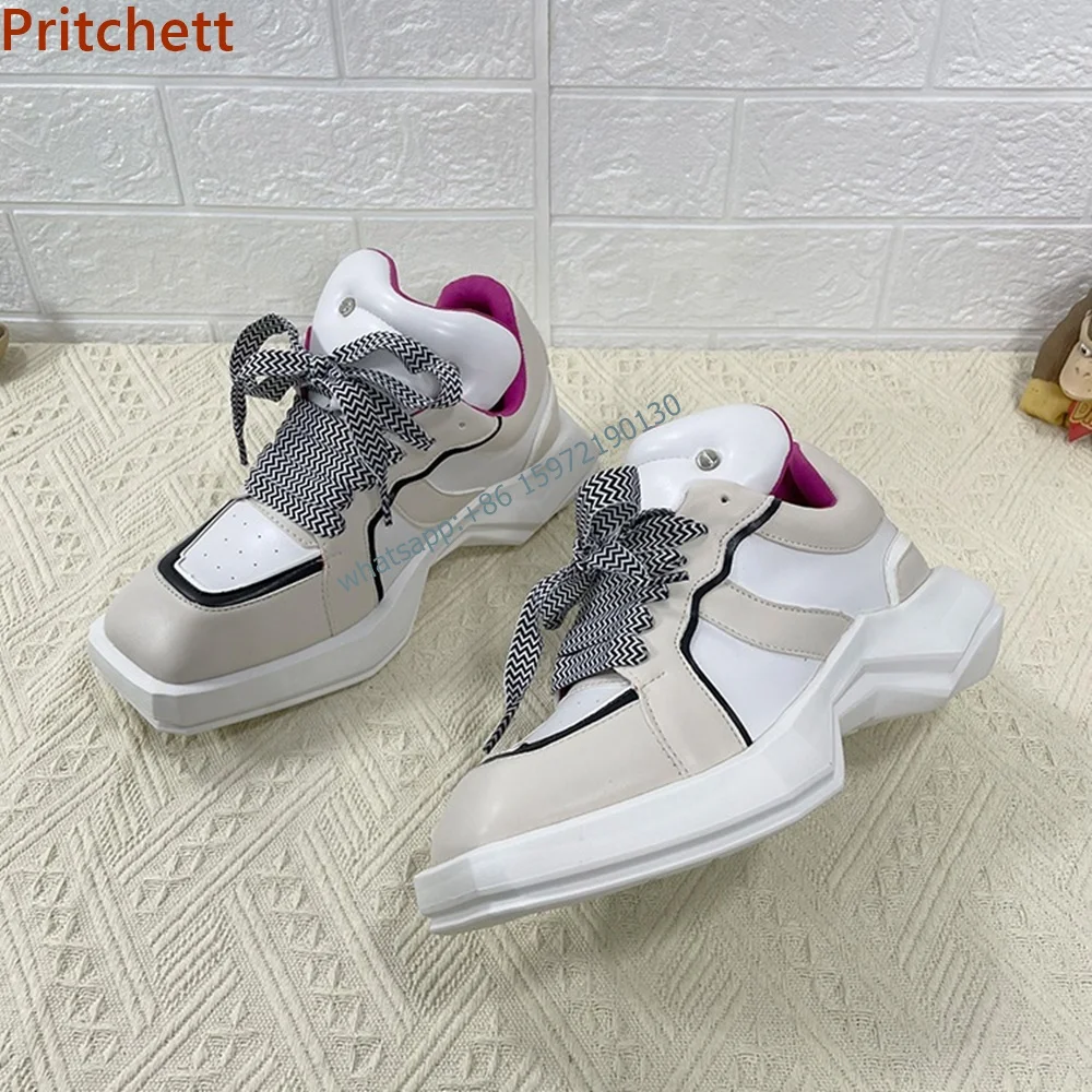 

Square Toe Patchwork Sneakers Cross Lace Up Thick Soled High Increasing Shoes Mixed Color Breathable Flat with Sports Shoes