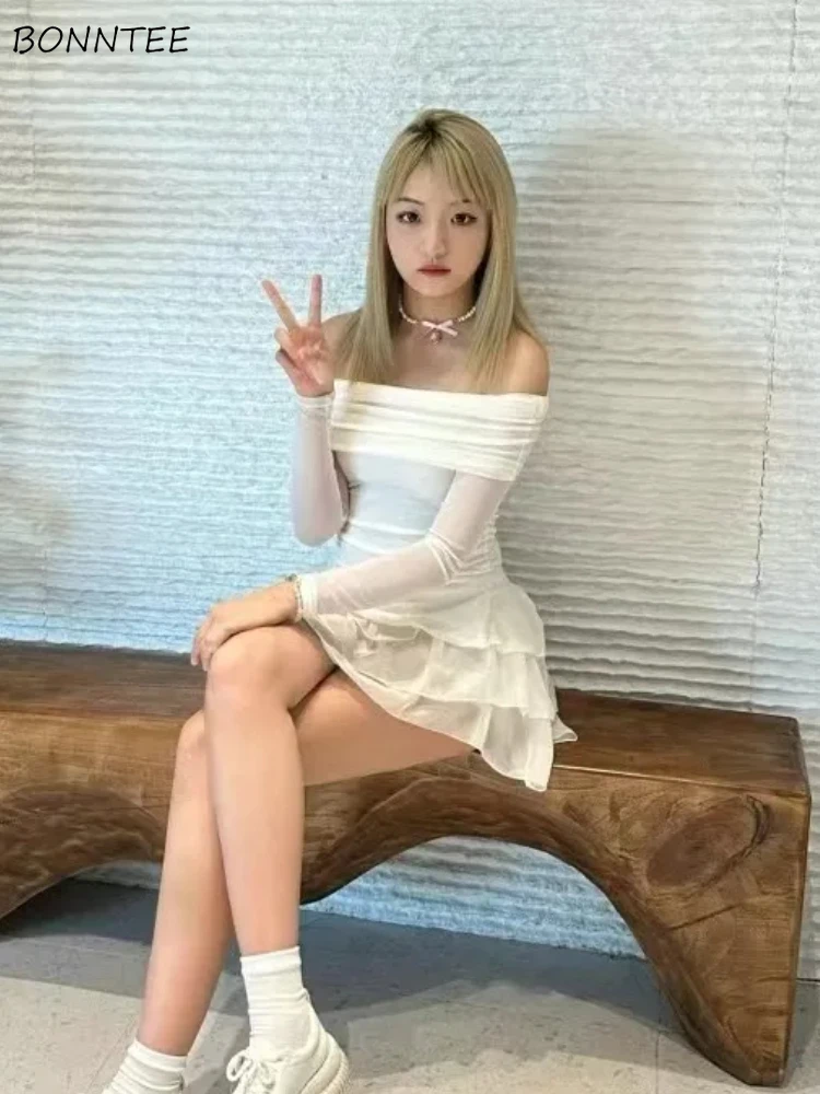 

Комплекты юбок для женщин Sweet Spicy Girls Slim Fit Pure Slash Neck All-match Высокая талия 2 шт. с открытыми плечами Корейская мода Harajuku Y2k