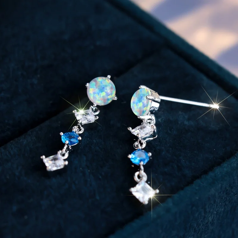 European and American Style Iridescent Australian Treasure Earrings Elegant Multi-layer Blue and White Zircon Air Long Accessory
