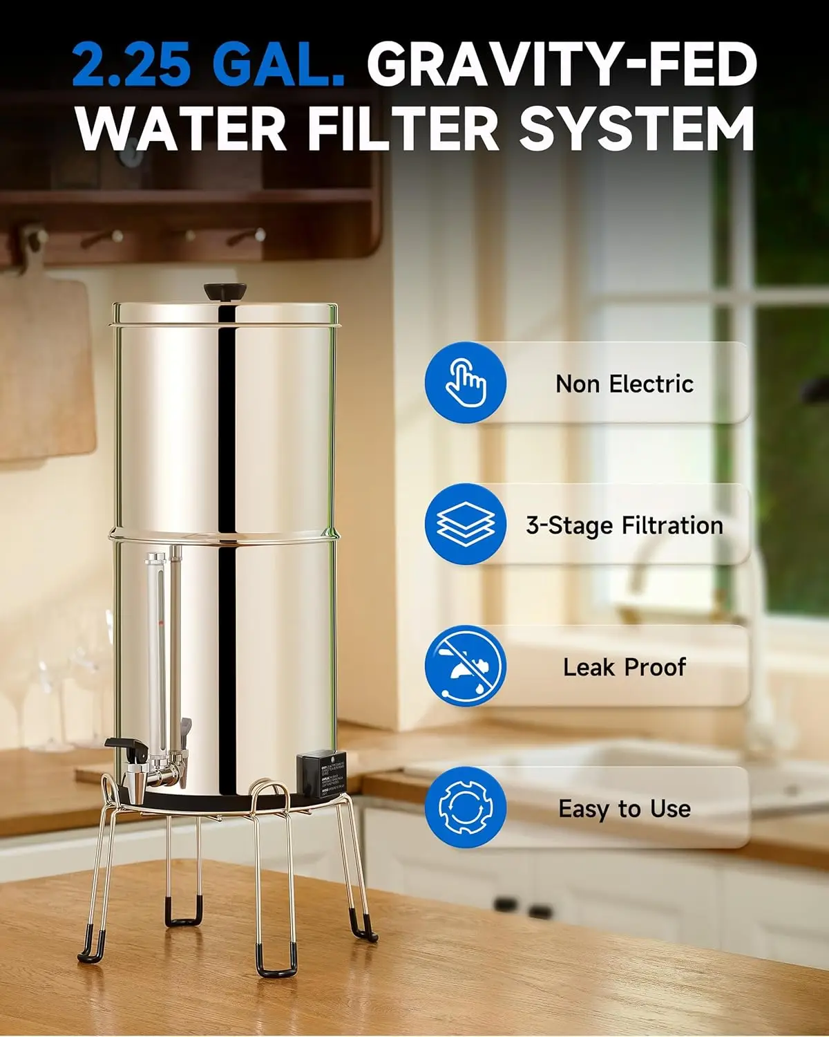 Filter System, 2.25 gal UV Countertop Filtration System, Stainless Steel Water Purifier with 2 Carbon Filters