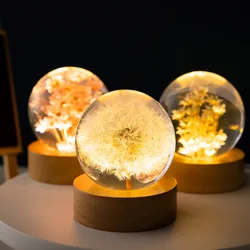 Flor Esculpida Bola De Cristal Night Light, USB Dandelion, Luz Brilhante Da Noite, Originalidade, Requintado Presente De Aniversário