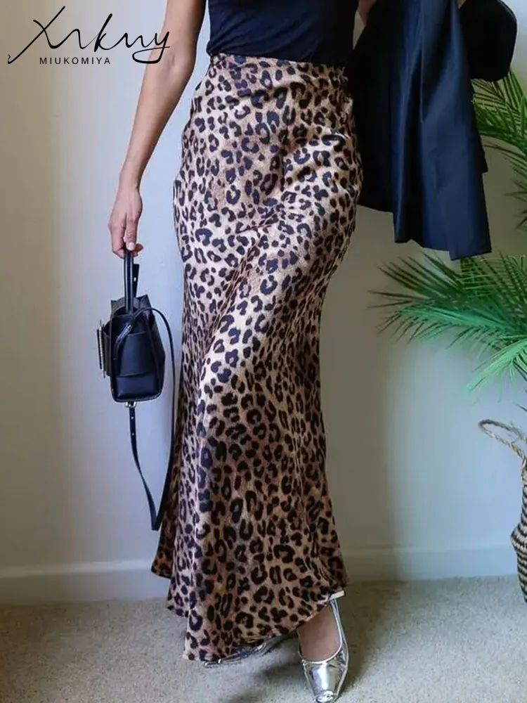 MiuKoMiYa Autumn Satin Leopard Print Maxi Skirt Women High Waist A Line Office Slim Long Leopard Skirt For Women Elegant 2024