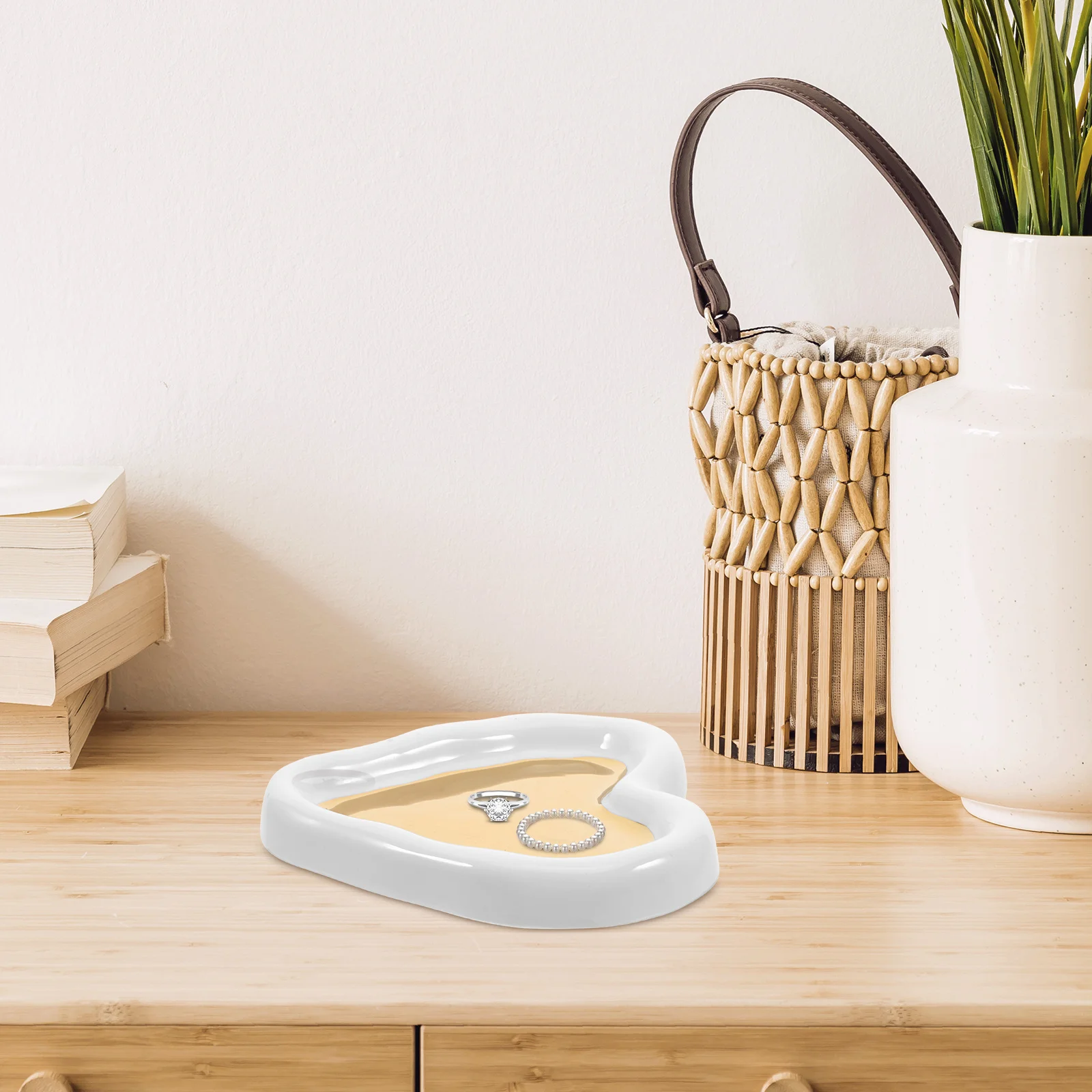 

White Gold Heart Jewelry Tray Glossy Finish Decorative Ring Organizer Tray Vanity Jewelry Holder Trinket Display