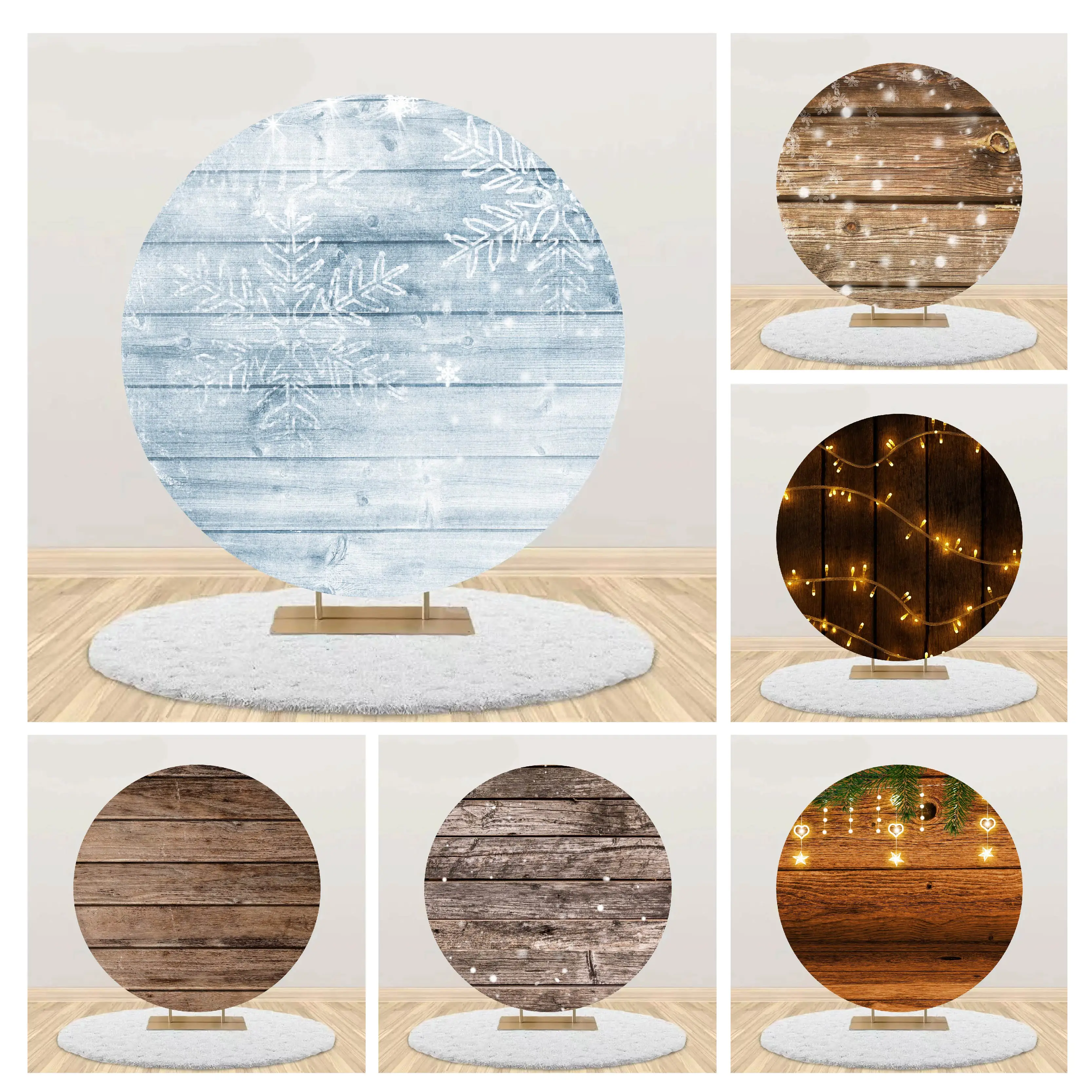 Round Circle Backdrop Cover Christmas Wood Grain Themes for Christmas & Birthday Party Photographic Background Decoration Prop