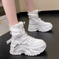 Botas de motocicleta plataforma grossas para mulheres, renda para cima, fundo grosso, sapatos de tornozelo, branco, moda, outono, inverno, 2022