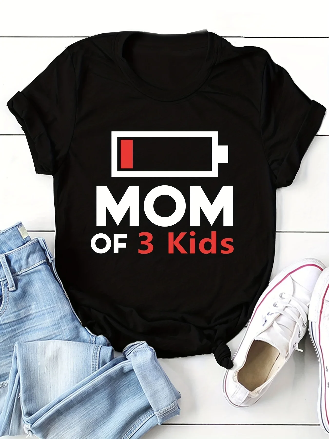 MOM OF 3 KIDS Graphic Print T-Shirt Cartoon Short Sleeve Crew Neck Shirt Casual Every Day Tops Trendy Women's Summer Clothing