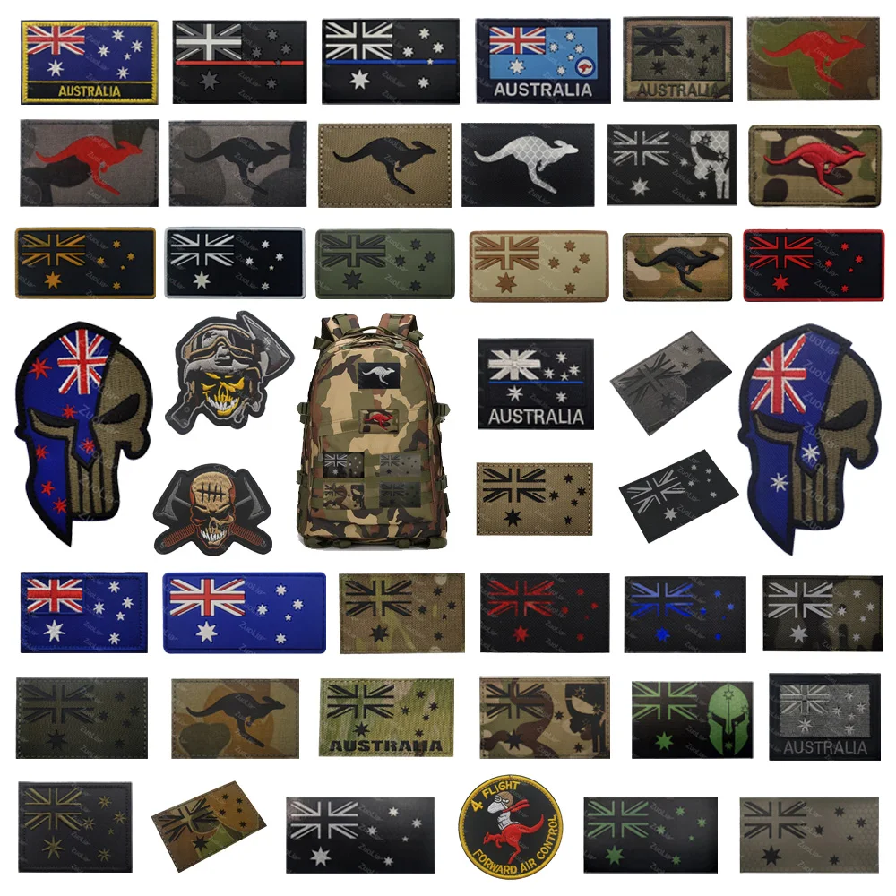 Heißer Verkauf Australische Flagge PVC + 3D Gestickte Armband Rucksack Aufkleber IR Reflektierende Känguru Abzeichen Haken Schleife Patches