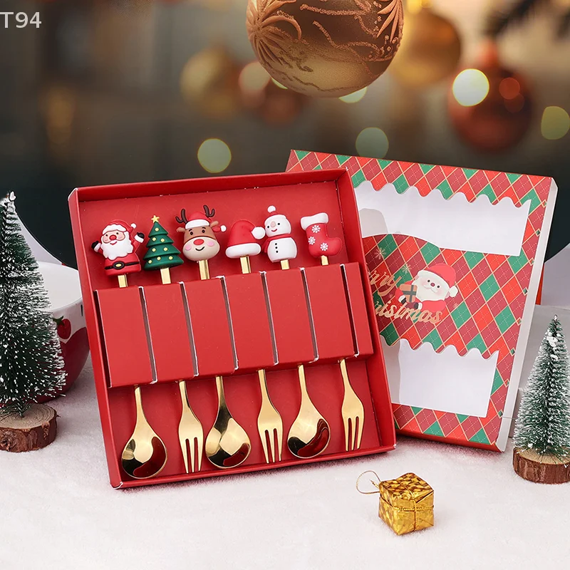 2/4/6-teiliges Weihnachts-Gabel- und Löffel-Set, kreatives Geschirr aus Edelstahl, Geschenkset für Kaffee, Tee, Dessert, Gabeln und Löffel