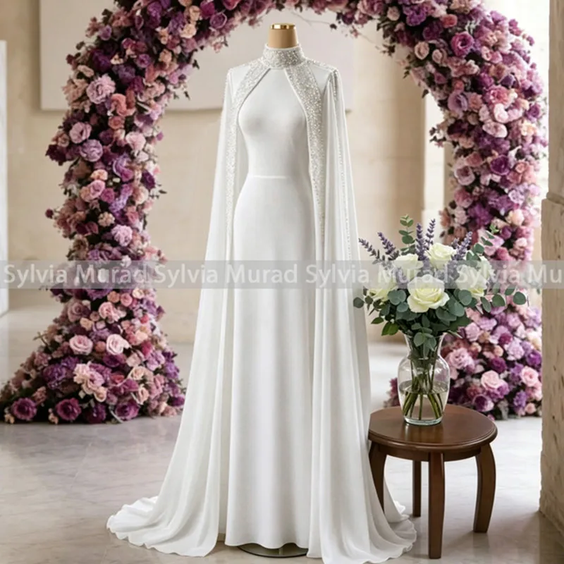 Heavily Beaded Evening Dress Cloak Long Cape Sleeves A Line High Neck Customized White Chiffon Prom Dresses Party