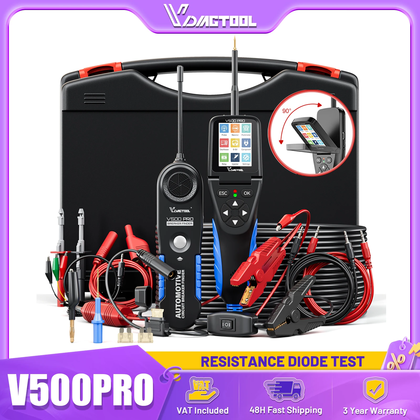 VDIAGTOOL V500Pro Testeur de circuit automobile Sonde de puissance Testeur d'injecteur Multimètre/Oscilloscope/Détecteur de relais/ouverture/court-circuit Testeur de tension AC/DC 9/30V