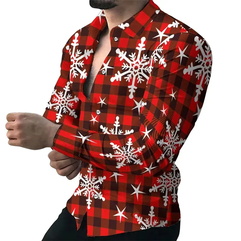 

2023 Christmas Snowflake Men's Shirt Lapel Button Long Sleeve Red Santa Claus Plaid Square HD Pattern Comfortable Soft T-Shirt