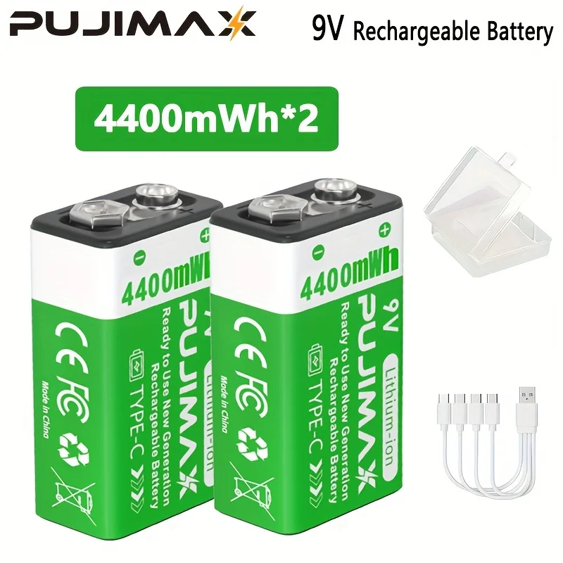 PUJIMAX USB 9V Rechargeable Battery 4400mWh Type-C Rechargeable 6F22 9V Li-ion Battery For RC Helicopeter Model Multimeter Toy