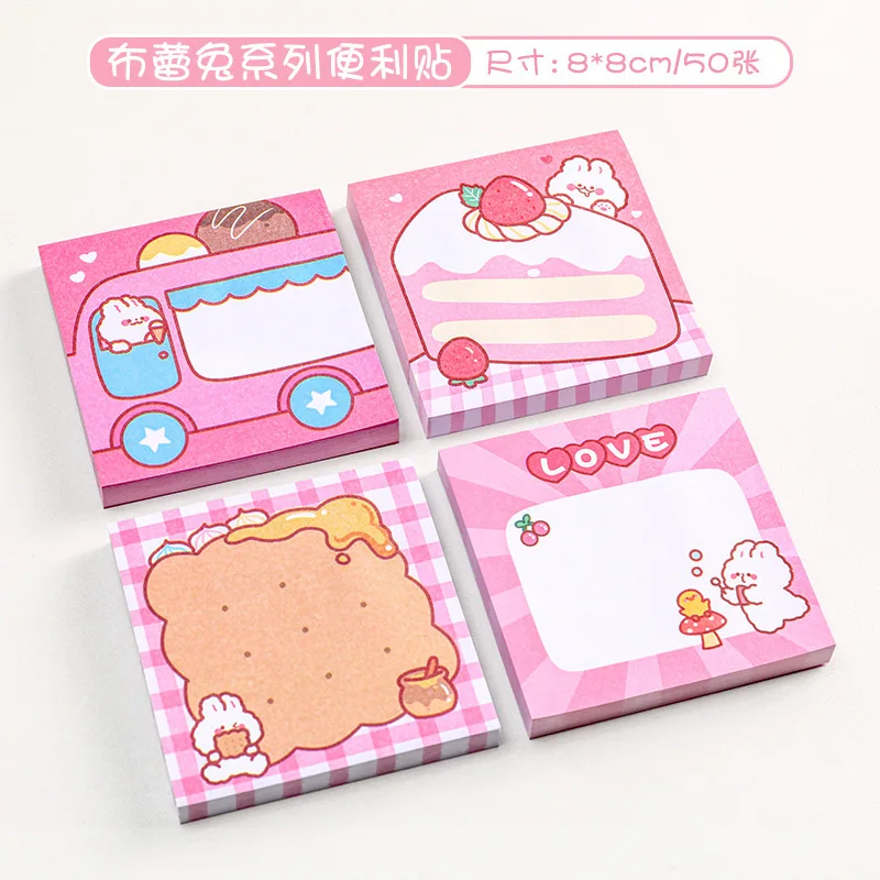 Kawaii Pink Cartoon Notepad, Cute Sticky Notes, Artigos de Papelaria Estética, Acessórios de Escritório, Papel Material, 50 Folhas