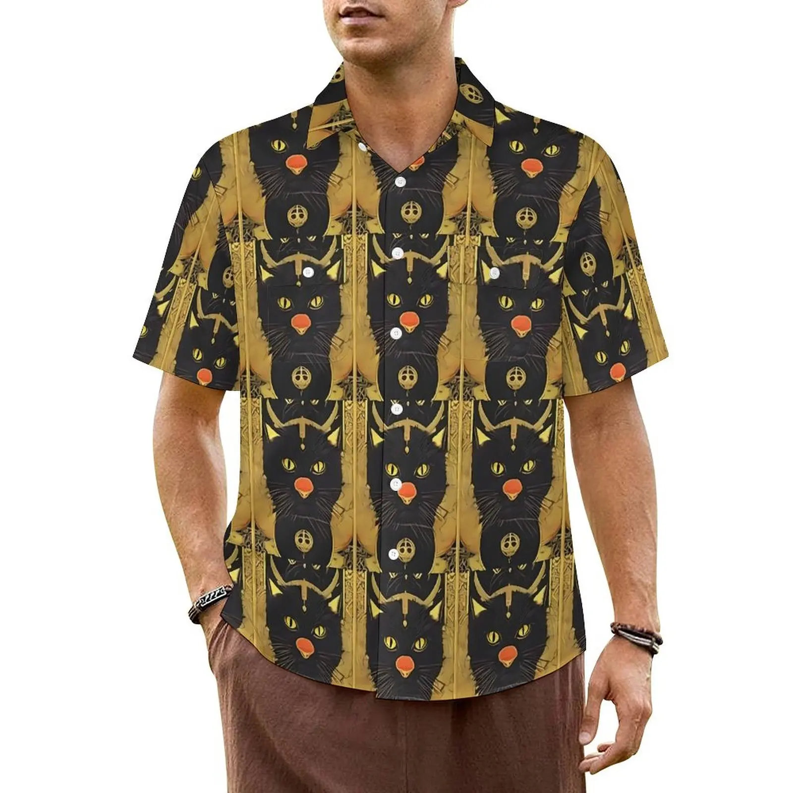 

Hawaii Shirt Vacation Retro Tarot Card Blouses Black Cat Print Elegant Casual Shirts Male Short Sleeve Breathable Plus Size Top