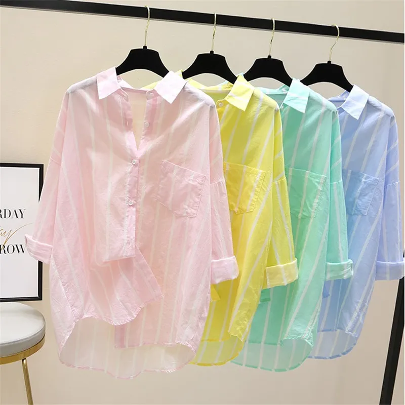 Women\'s 2024 New Summer Shirts Vertical Striped Sunscreen Shirt Spring Loose Casual Yellow Green MidLlength Shirt Top Female