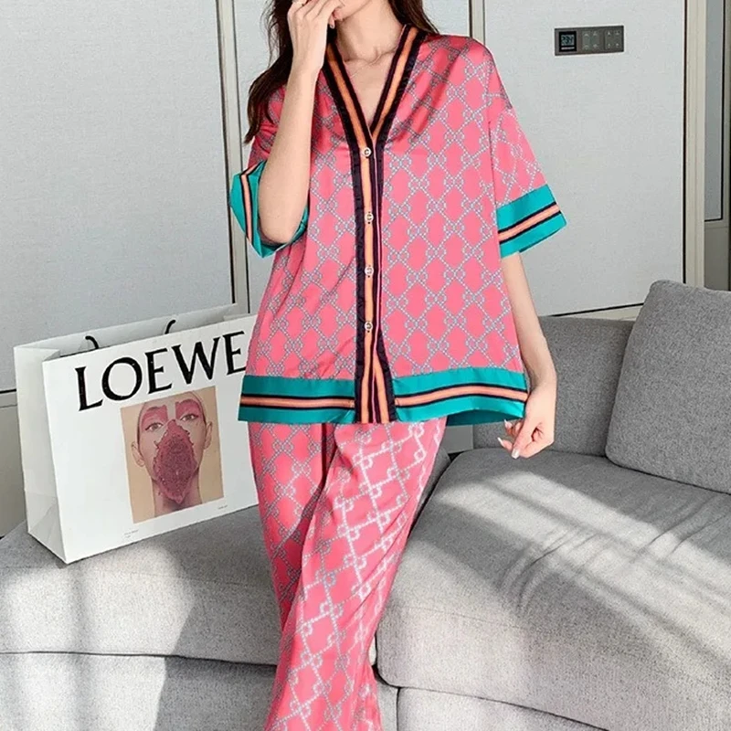 Spring Summer Rose Red Printing Pajama Sets Satin Silk Thin Pajamas Short Sleeves Long Pants Women Sexy Homewear Sleepwear