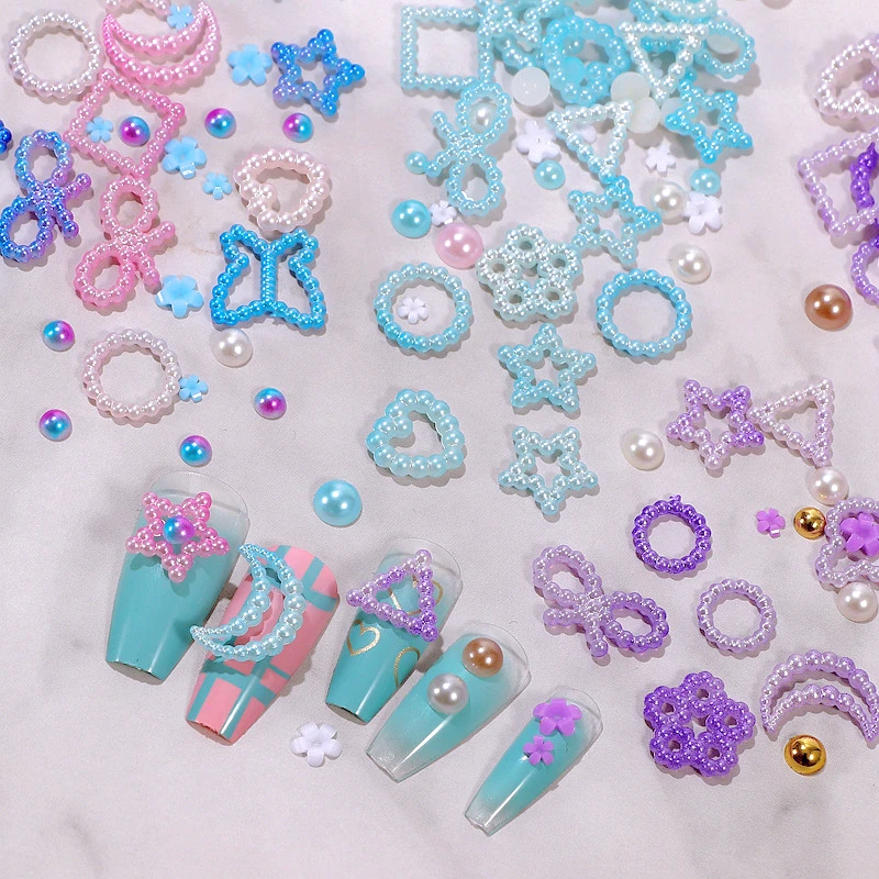 60PCS Mix Color 3D Pearl Nail Art Frame Charms Parts Flower Accessories Nails Decoration Supplies Material Maniure Decor Tools