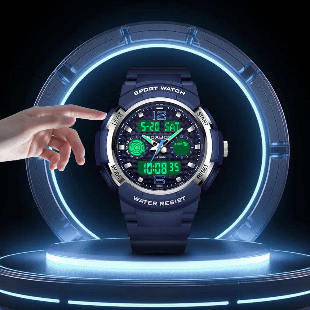 FOXBOX Fashion Casual Sports Electronic Man Watch Dual Digital Display Silicone Strap Luminous Waterproof Alarm Watches for Men