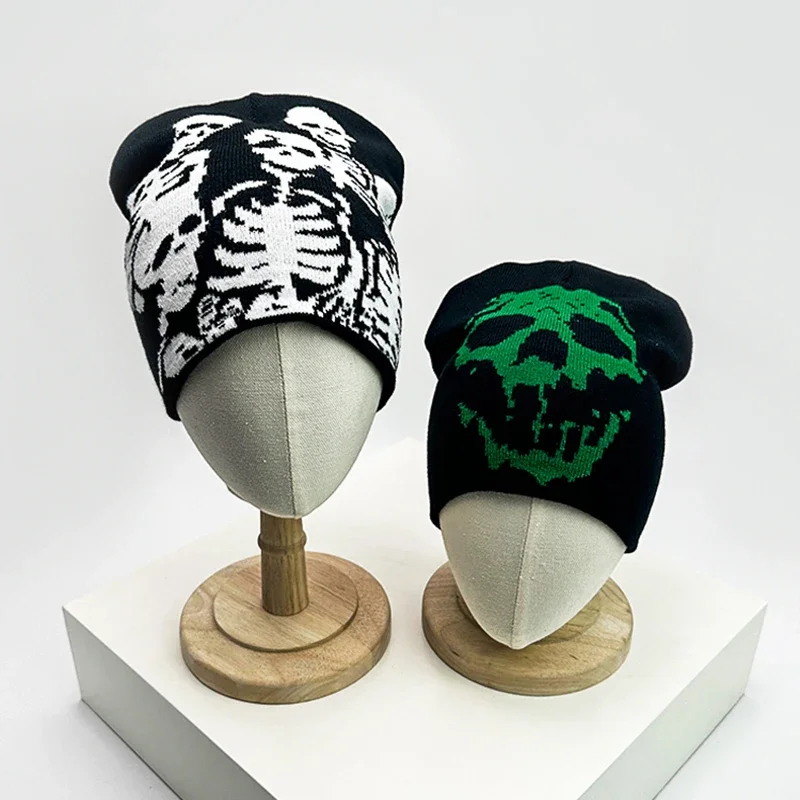 Autumn and Winter Skull Grimace Wool Bucket Knitted Hats Color Block Warm Hip Hop Comfortable Versatile Punk Fashion Street ins