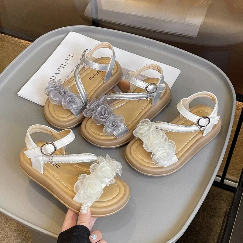 Pretty Girls Summer Sandals Lace Flower Toddler Princess Causal Sandals Thick Bottom Kids Chic Fashion Children Open-toe Sandals