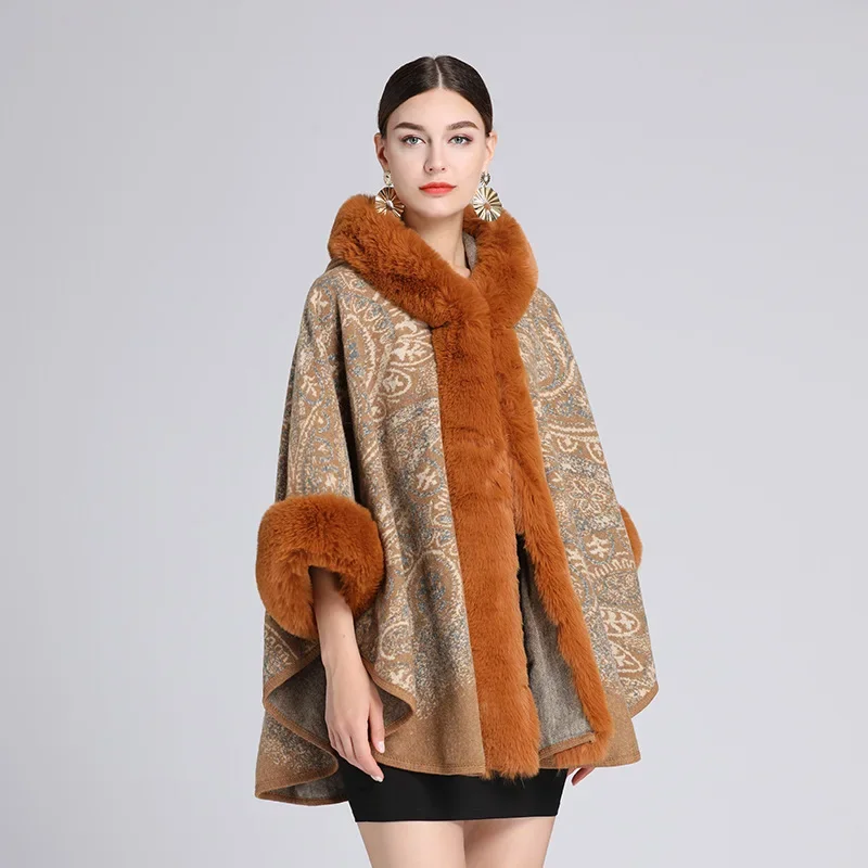 6 Colors Khaki Long Faux Rabbit Fur Collar Hat Cloak Women Party Overcoat Winter Thick Cape Loose Printed Streetwear Coat