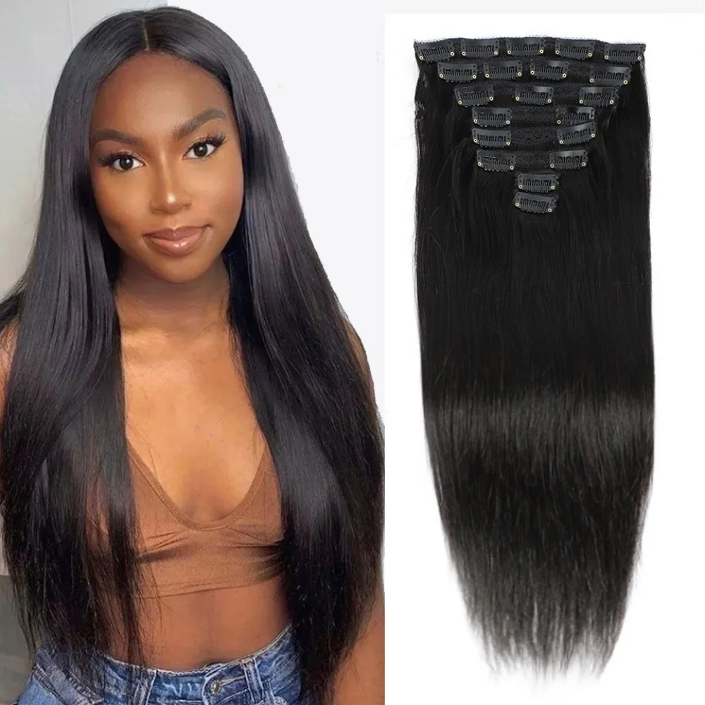 Clip droit naturel dans les Extensions de cheveux humains postiche brésilienne vierge pleine tête à clipser pour les femmes