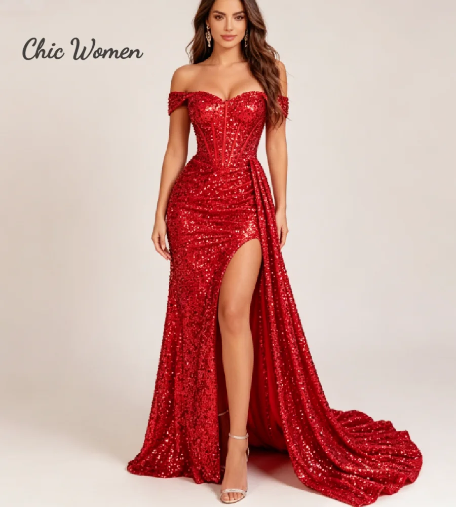 

Emerald Green Sequin Sparkly Prom Dress Off Shoulder Bodycon High Slit Mermaid Evening Gowns With Train Ruched Birthday Party
