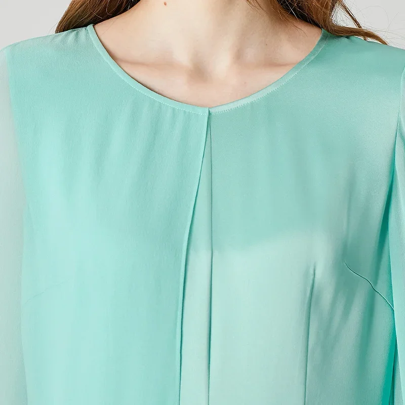 VOA 100% الحرير الخالص على الوجهين الساتان الزمرد س الرقبة المرقعة جورجيت كم طويل تصميم غير متماثل فستان الحفلات الربيع AE1926