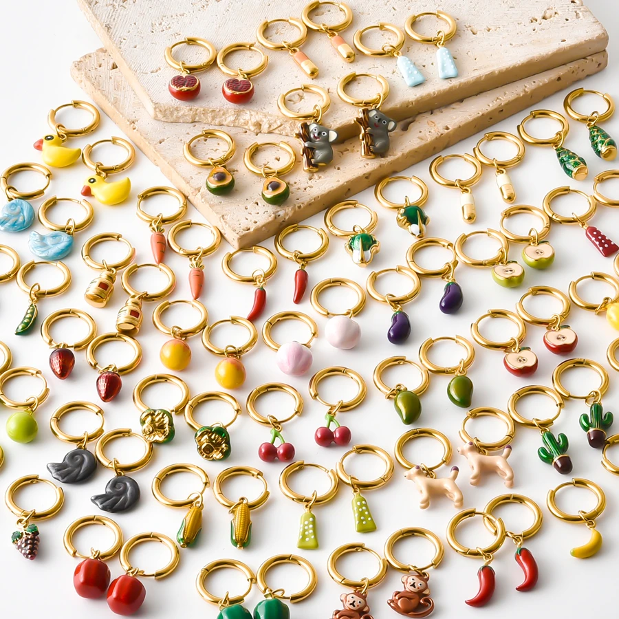 316 Edelstahl Stereoskopische Kawaii Enten-Erdbeer-Kirsch-Paprika Hängeohrringe für Damen und Herren Schmuck Piercing Geschenk – Detail 1