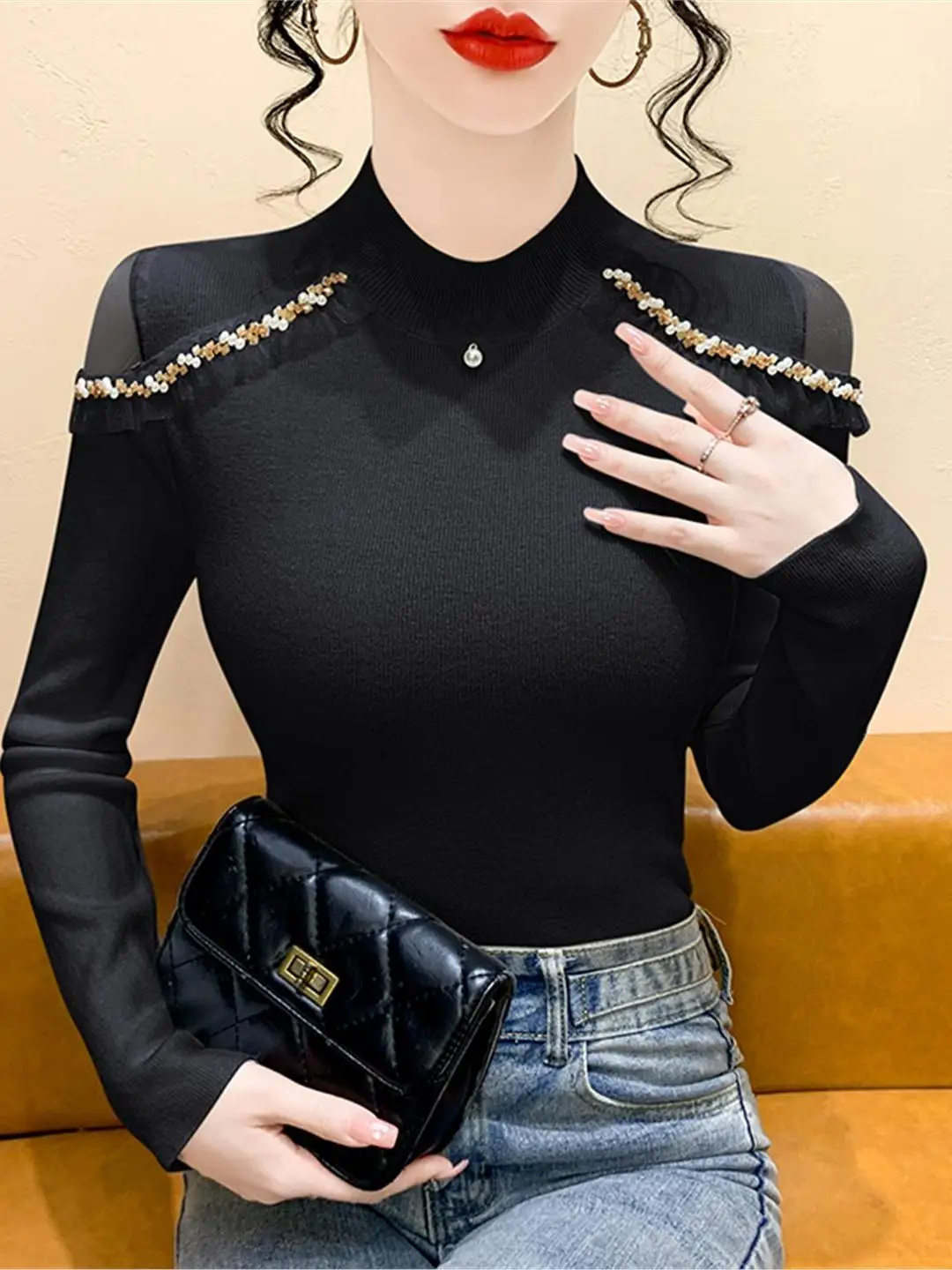 

Women's Knitted Me Paneling f High Collar Diamond Stitching Base irt Autumn Winter Faion Soft Korean Sle Slim Fit