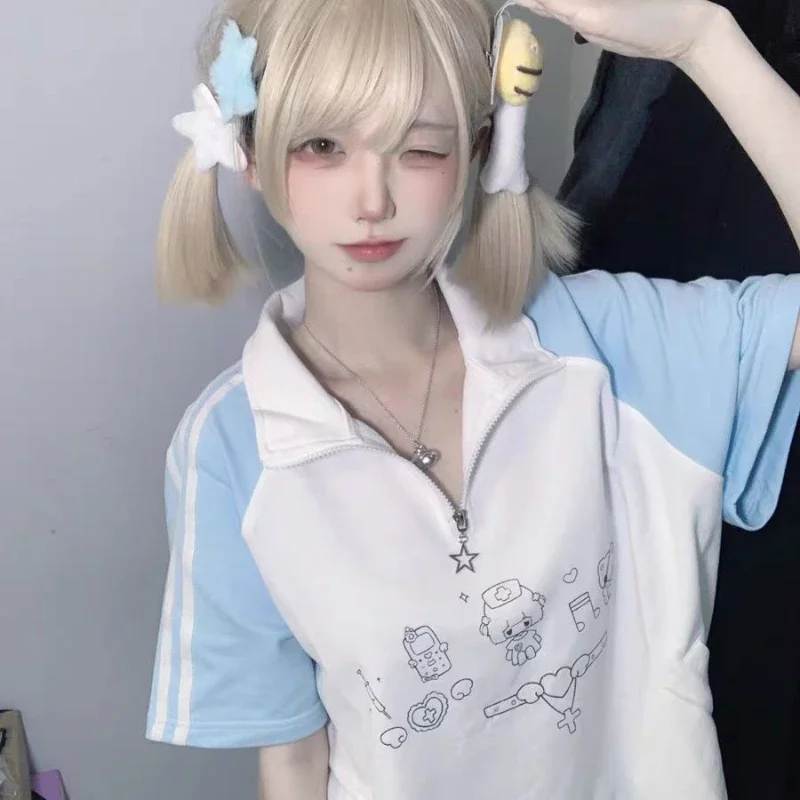 

Japanese Preppy Style Cartoon Print T Shirt Women Summer Patchwork Grunge Tops Harajuku Stand Neck Zipper Loose Tops