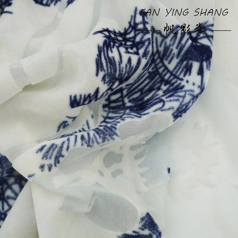 2026 New Fashion Blue White Porcelain Burnt Out Velvet Fabric For Dress Telas Para Costura Tissus Couture ткань Cloth Diy
