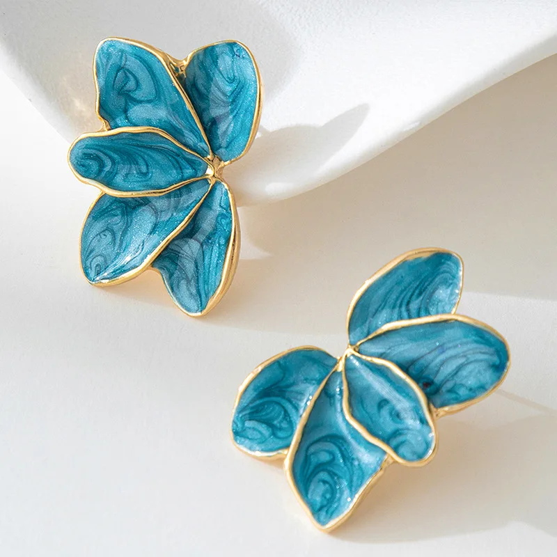 Metal Flower Red Enamel Petal Drop Earrings for Women Trendy Yellow Blue Green Drops Oil Flower Earrings Fashion Jewelry Gifts