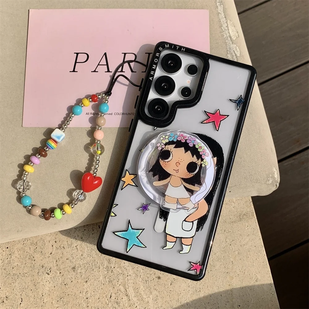 Cute Cartoon Girl Magnetic With Magsafe Stand Chain Lovely Phone Case for Samsung Galaxy S26 S25 plus S23 Ultra S24FE S26 Cover