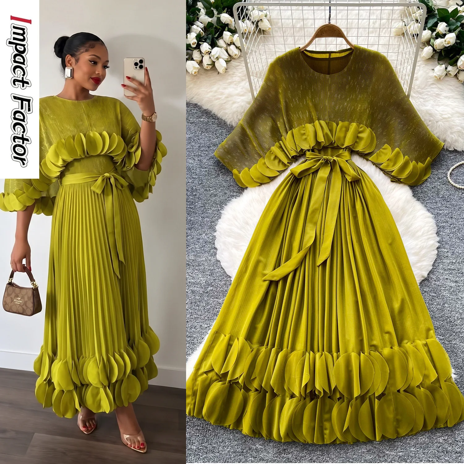 Miyake Pleated Niche Light Ripe Wind Red Ruffle Edge Dress Women's Long Sleeves Waist Thin A Character Temperament Long Dress