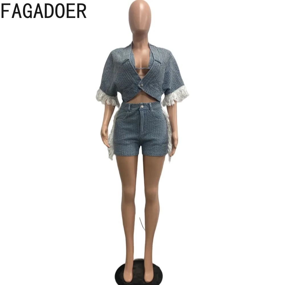 Fagadoer-デニムセット,ブルー,デニム,ショーツ,ブラ,半袖,カジュアル,ストリートウェア