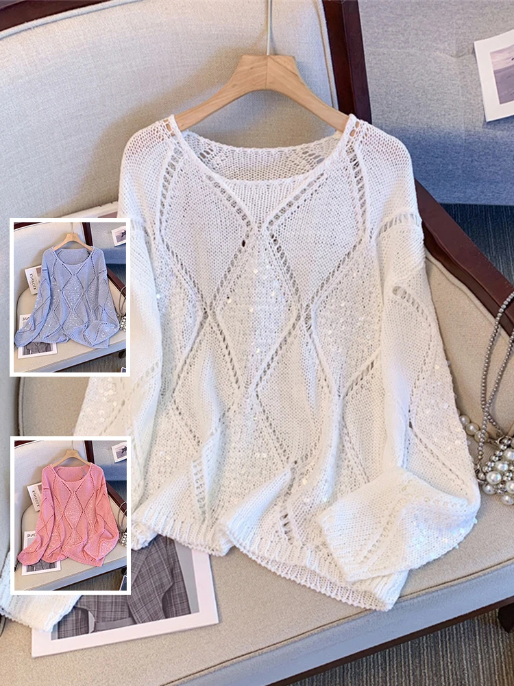 

Женский вязаный свитер больших размеров с ажурным ромбовидным узором, свободный крой, модный повседневный топ для осени