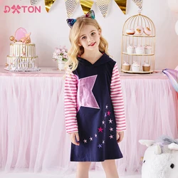 DXTON Girls Hooded Dresses Star Appliqued Cotton Hoodies Dress Long Sleeve Autumn Winter Striped Casual Dress Children Clothing