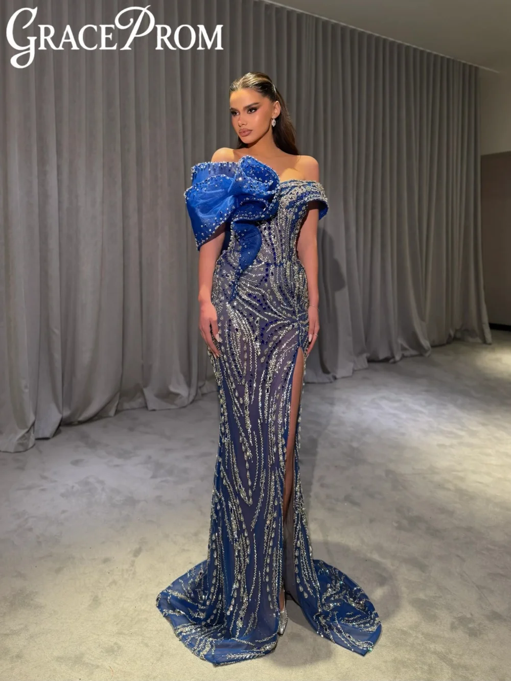 

Синее вечернее платье с блестящими кристаллами, роскошное расшитое бисером свадебное/вечернее платье с высоким разрезом, стильное выпускное платье с открытыми плечами на заказ