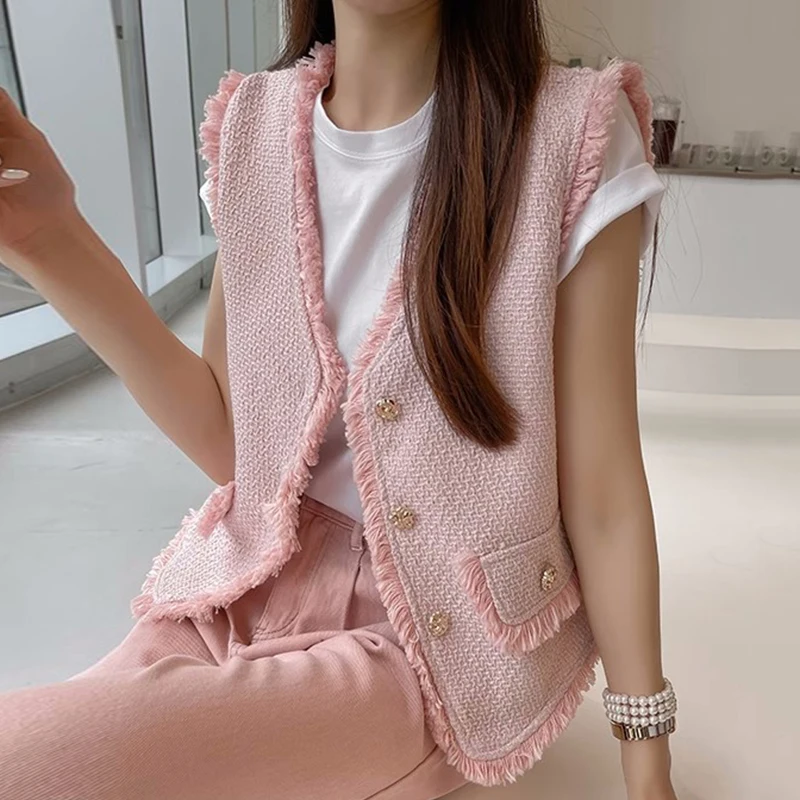 

Waistcoat Chic Summer V-Neck Single Breasted Patchwork Tassel Raw Edge Tweed Vest Coat Women