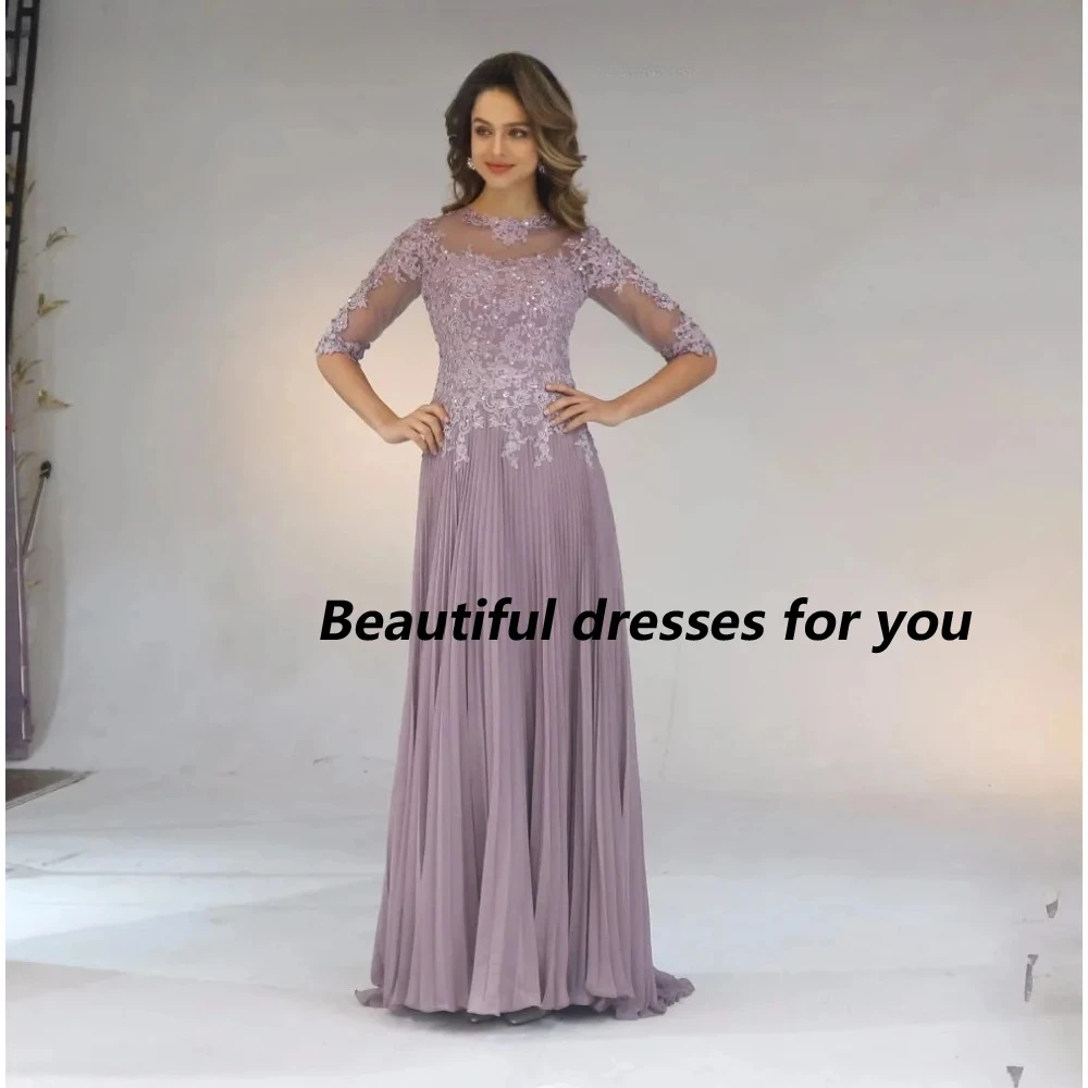 

Сиреневое шифоновое платье для матери невесты, индивидуальное кружевное платье трапециевидной формы с рукавами 3/4, длиной до пола, свадебные платья для гостей